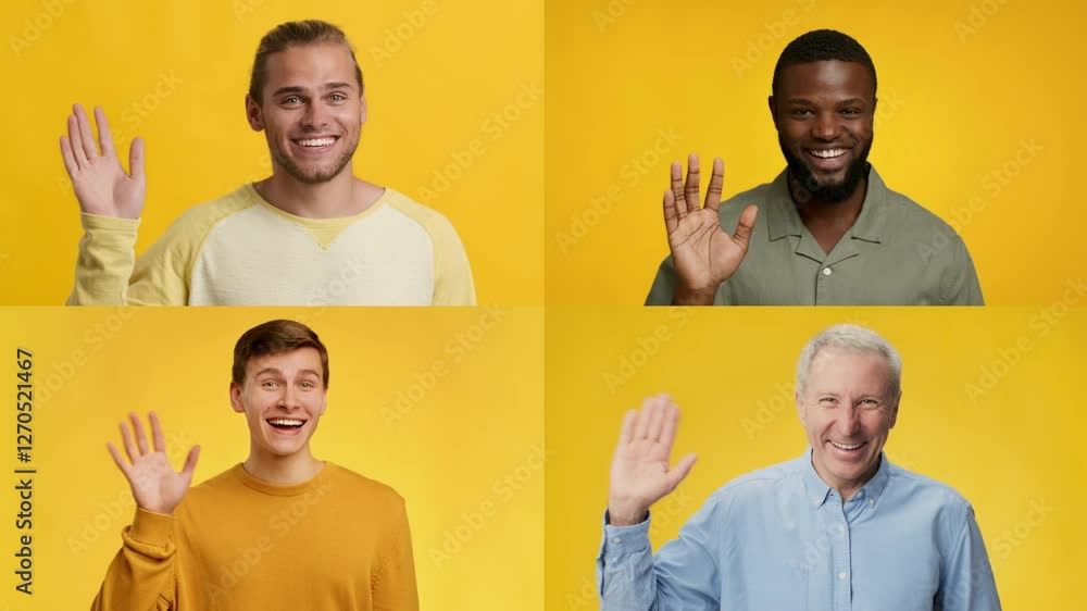 Poster four people smile and wave their hands in a friendly manner. the lively yellow background adds to th