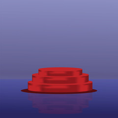podium with red carpet. A 3D rendering of a stylish, red, tiered podium, perfect for showcasing products. Red tiered podium for product presentation on a subtle purple background.