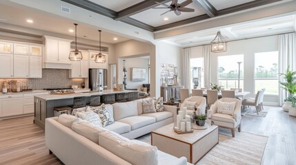 Bright and spacious modern living room with dining area and open kitchen, featuring elegant furniture and tasteful decor. Elegant Modern Home Living Room with Open Kitchen and Stylish Interior Design