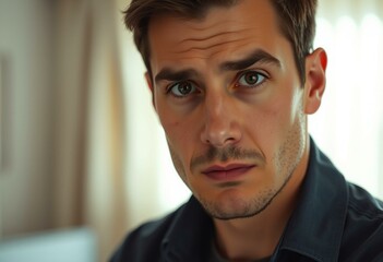 Obraz premium Photorealistic portrait of a nervous-looking male individual in a well-lit room