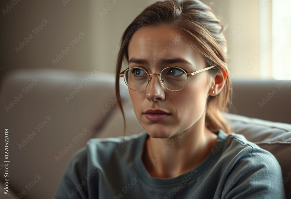 Wall mural Softly lit portrait of a young woman with a thoughtful expression