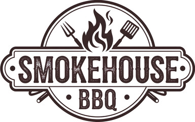 Fototapeta premium Smokehouse BBQ logo with stylized flame and grilling tools in circular design