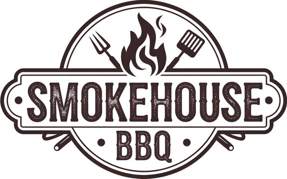 Smokehouse BBQ logo with stylized flame and grilling tools in circular design