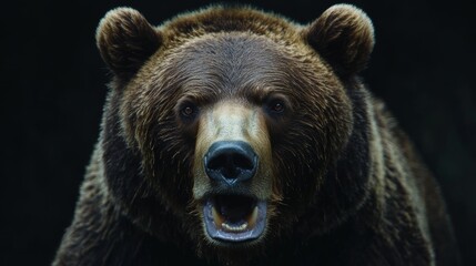 Fototapeta premium Front view of brown bear isolated on black background. Portrait of Kamchatka bear (Ursus arctos beringianus)