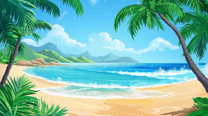 Fototapeta premium Illustration of Tropical Beach with Coconut Palm Tree