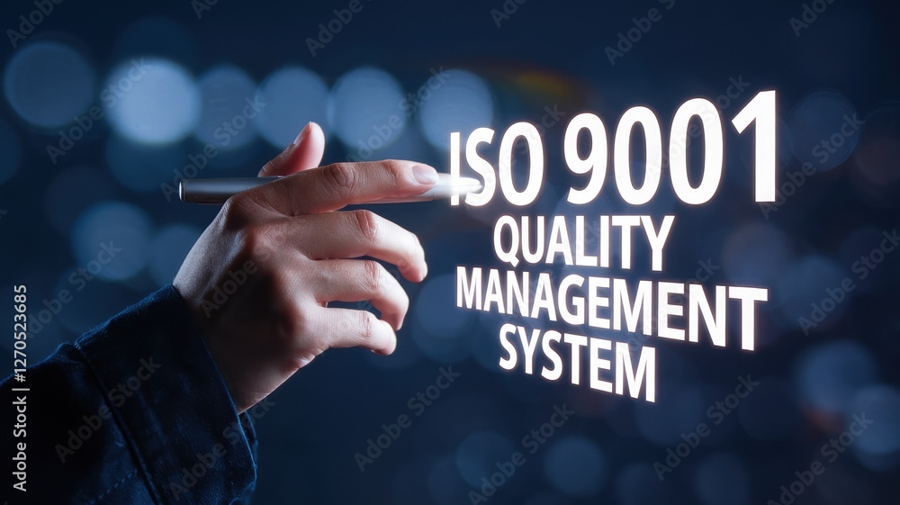Poster hand touching iso quality management system text on background