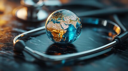 Global Health Concept with Stethoscope and Globe on Wooden Surface