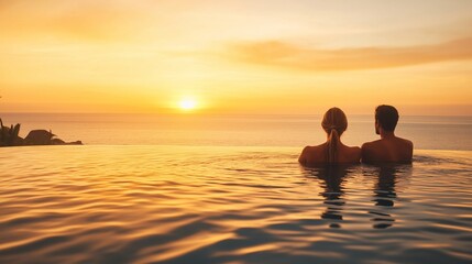 Fototapeta premium Loving couple in infinity pool enjoying sunset over the ocean