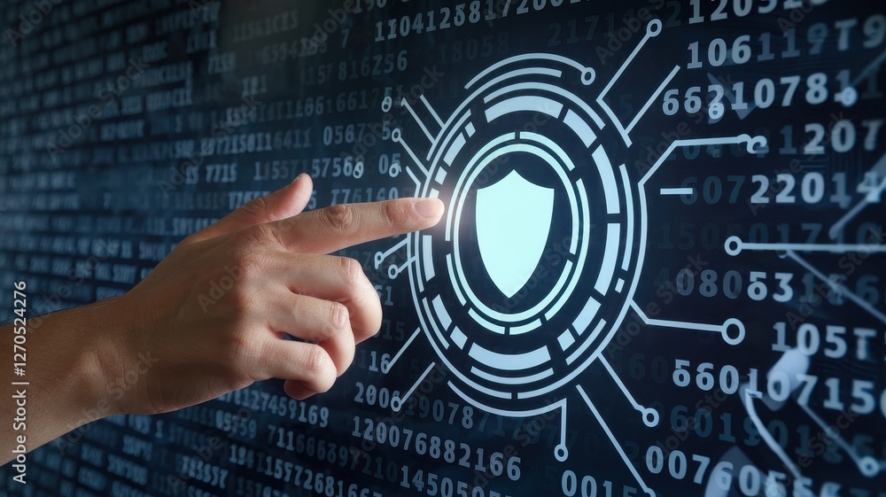 Poster finger touching screen displaying a digital shield for data protection