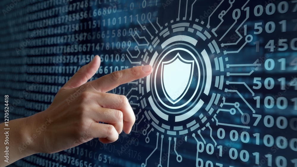 Poster hand touching digital shield representing cybersecurity and data protection
