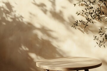 Fototapeta premium Wooden table in front of beige wall with plant shadows.