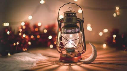 A vintage lantern illuminated, alongside a crescent moon, with festive string lights in the background.