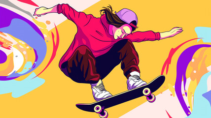 Fototapeta premium オーリーを決めるスケーター｜モダンアート風イラスト