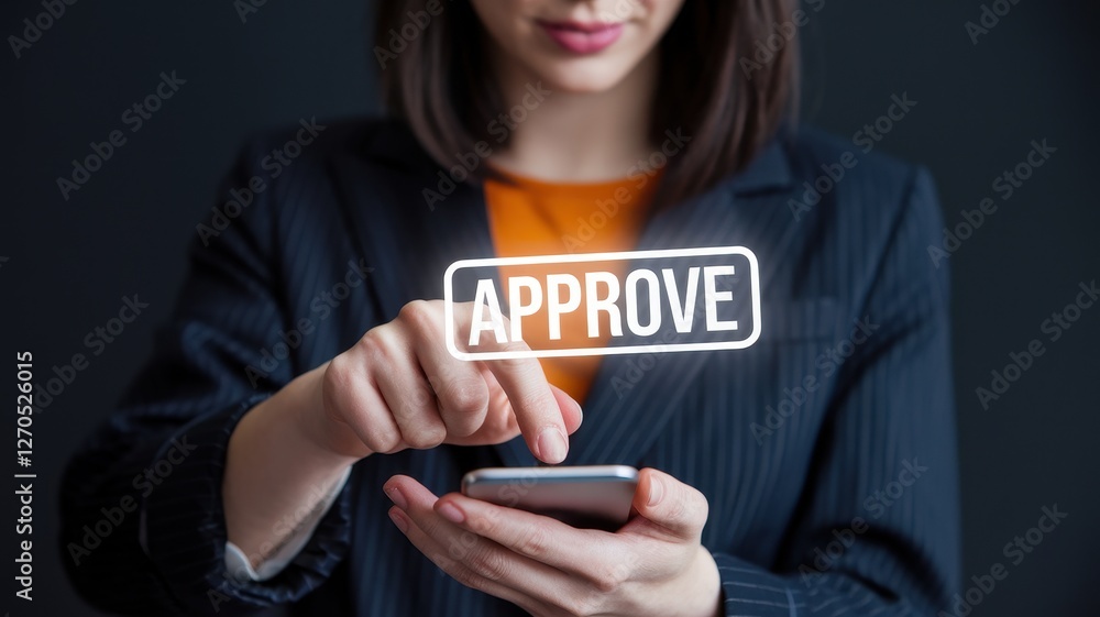 Aufkleber woman using smartphone and pressing approve virtual button interface