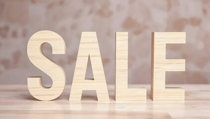 On a rustic wooden surface, wooden letters spell "SALE", standing out against a softly blurred background.