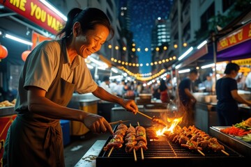 A street food vendor grilling skewers beneath a starry sky in a lively night market.