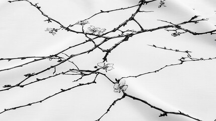 Fototapeta premium White fabric with black floral branch print, draped, studio