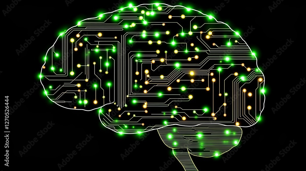 Poster digital brain representation with circuit patterns and led lights