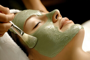 Close-Up of a Woman Receiving a Green Facial Mask at Spa – Relaxation and Skincare Treatment with Brush Application