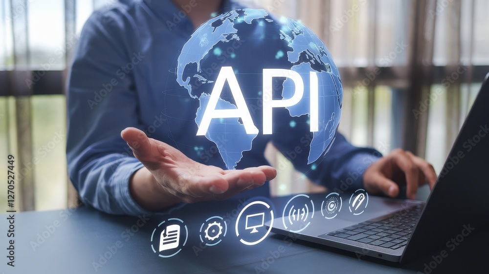 Aufkleber a man presents the api connection to a global network
