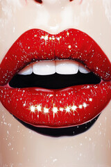 Glittering red lips reflecting light in a surreal style
