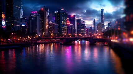 Naklejka premium Night Cityscape: Vibrant Chicago Skyline Reflected on Calm Waters