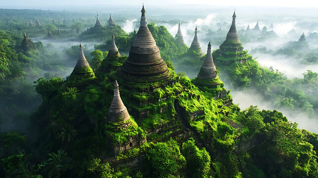 Majestic ancient pagodas surrounded by lush greenery and misty hills create serene landscape in Mrauk U, Myanmar