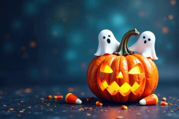 Spooky Halloween watercolor pumpkin with ghosts & candy corn , bones, spiderweb