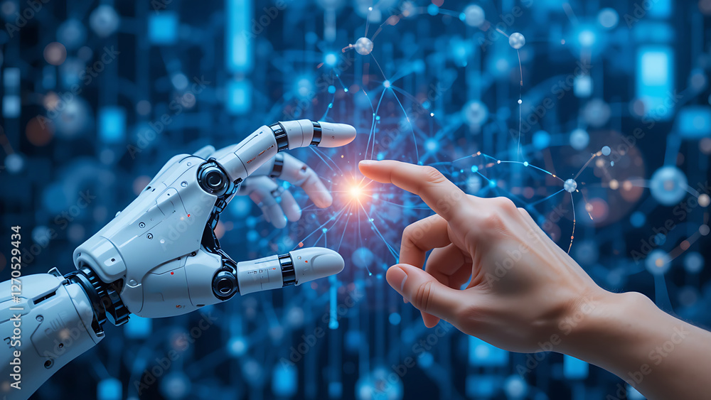 Leinwandbilder ai, machine learning, hands of robot and human touching on big data network connection background, s