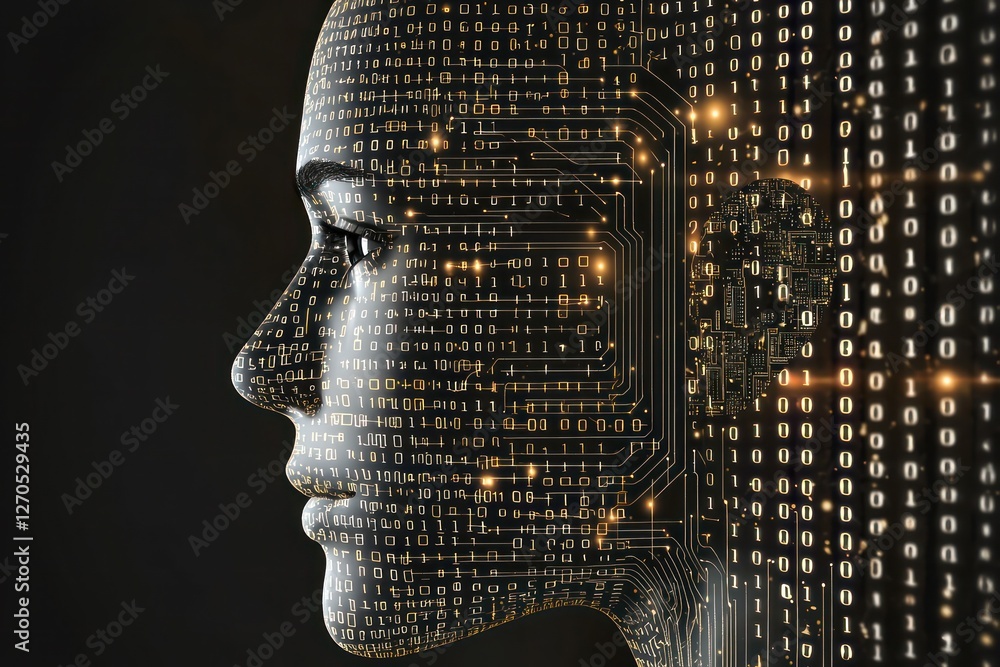 Poster digital head infused with luminous neural pathways, radiating structured ai-driven thought processin