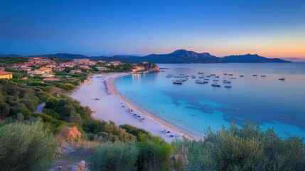 Fototapeta premium Long exposure at dawn on the beach of Terrata Olbia, in the background the island of Tavolara, Sardinia - Italy