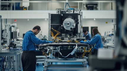 Satellite assembly in an aerospace facility. Featuring engineers working on the satellite鈥檚 assembly