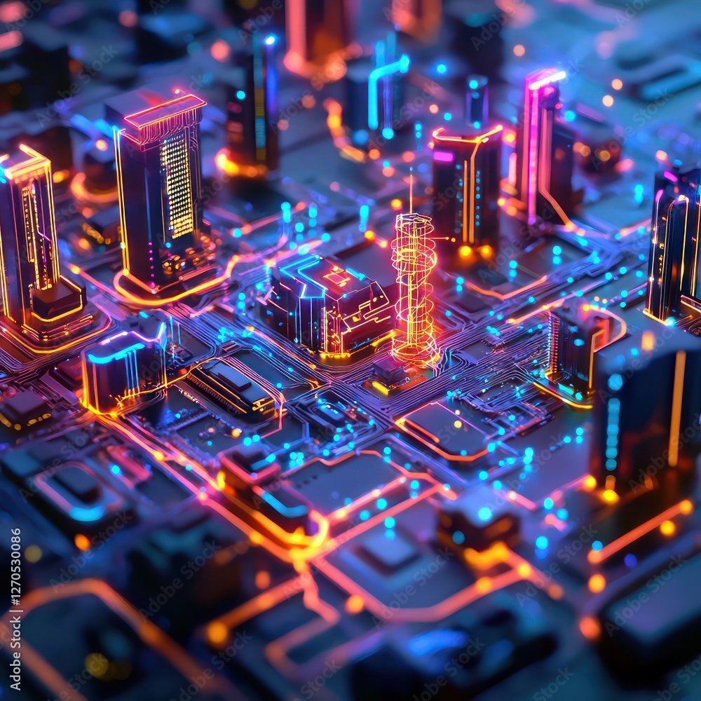 Aufkleber high-tech city blueprint integrating ai-powered connectivity for urban development.