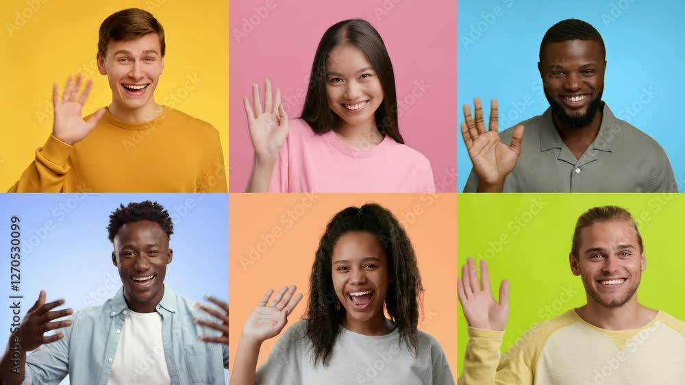 Poster multiracial group of people is joyfully waving hello with bright smiles. each person displays positi