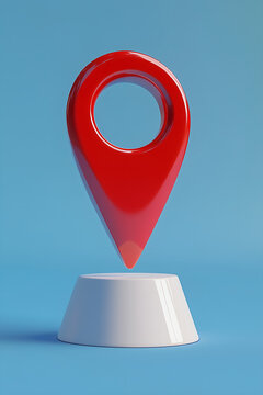3D red location pin icon on a white base against a blue background, symbolizing navigation and positioning.