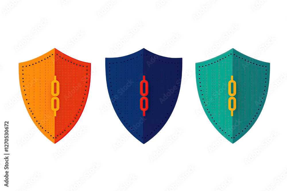 Poster data security idea. three stylish digital shields with vibrant colors for security design concepts.