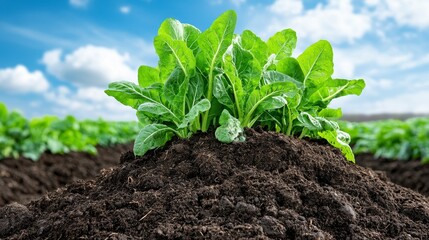 Field of green plants under a blue sky with rows of vegetables on an organic farm