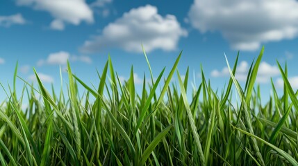 Organic grain field with green grass and blue sky background in a sustainable farming concept 3d illustration