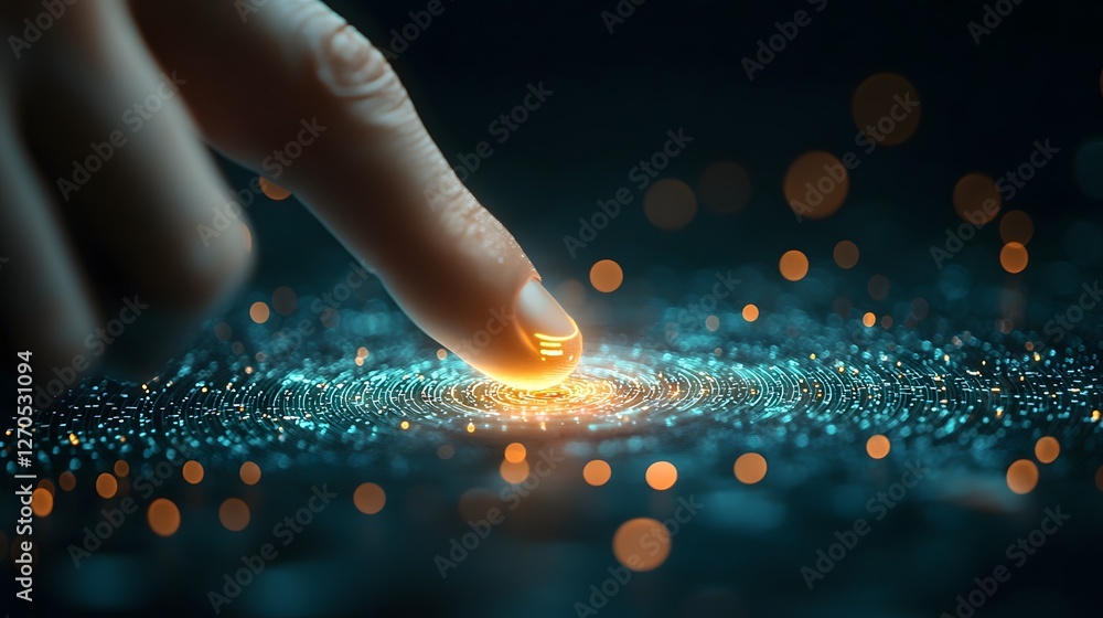 Poster fingertip precisely activating a glowing holographic data point representing the interaction with fu