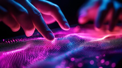 Close up view of fingers swiping across a futuristic holographic screen creating vibrant and dynamic light trails that illuminate the digital interface with a vibrant high tech aesthetic