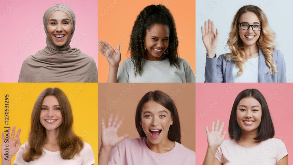 Poster Various individuals from different backgrounds enthusiastically wave hello, showcasing diversity and positivity. Their cheerful expressions create a vibrant and inviting atmosphere.