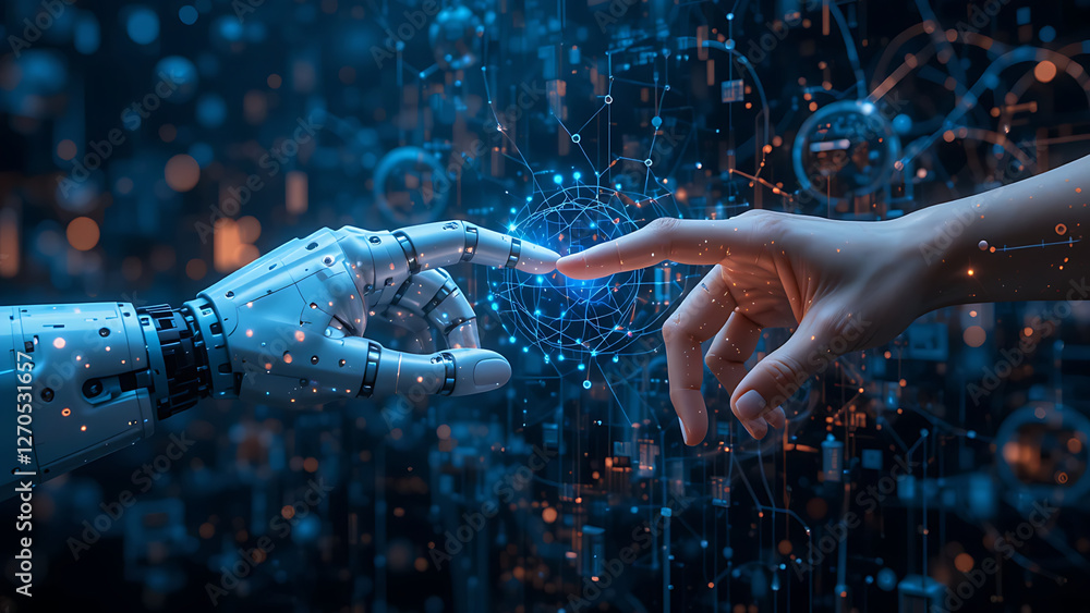 Wall mural ai, machine learning, hands of robot and human touching on big data network connection background, s
