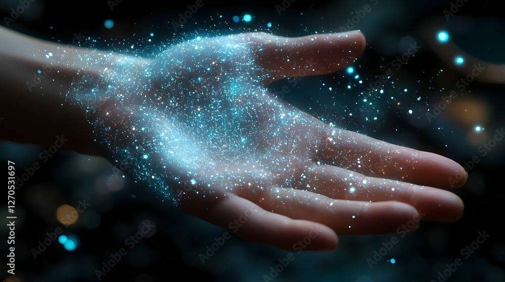 Poster close up view of a human hand interacting with dynamic high tech holographic projection layers showc