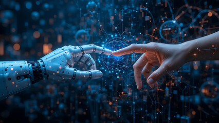 AI, Machine learning, Hands of robot and human touching on big data network connection background, Science and artificial intelligence technology, innovation and futuristic