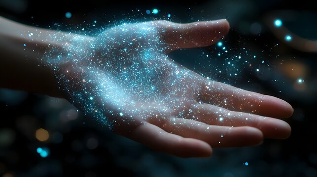 Close up view of a human hand interacting with dynamic high tech holographic projection layers showcasing the futuristic possibilities of advanced digital visualization and gesture based interfaces