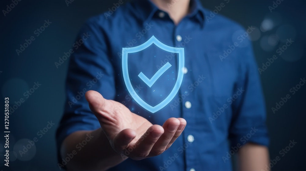 Aufkleber man presenting a holographic shield with a checkmark symbol