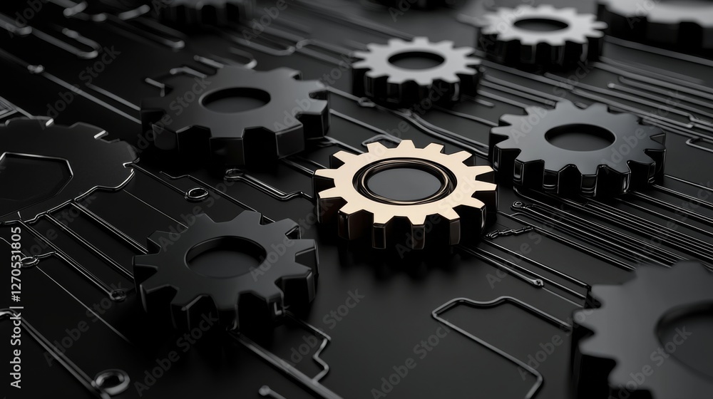 Aufkleber black and gold gears arranged on a circuit-like background in a close-up view showcasing mechanical 