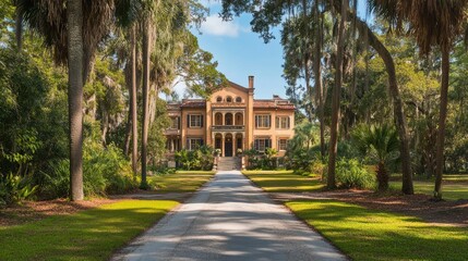 Antebellum Mansion Surrounded By Lush Greenery Under A Blue Sky. Historic Estate Architecture.
