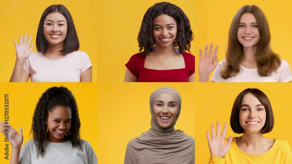 Poster a vibrant collection of cheerful individuals from various backgrounds waving and smiling. each perso