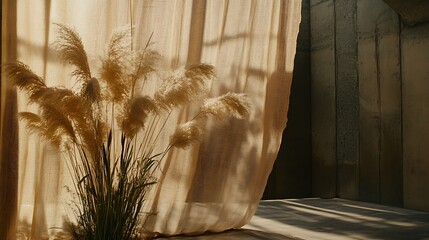 Pampas Grass Illuminated Behind Sheer Beige Curtain